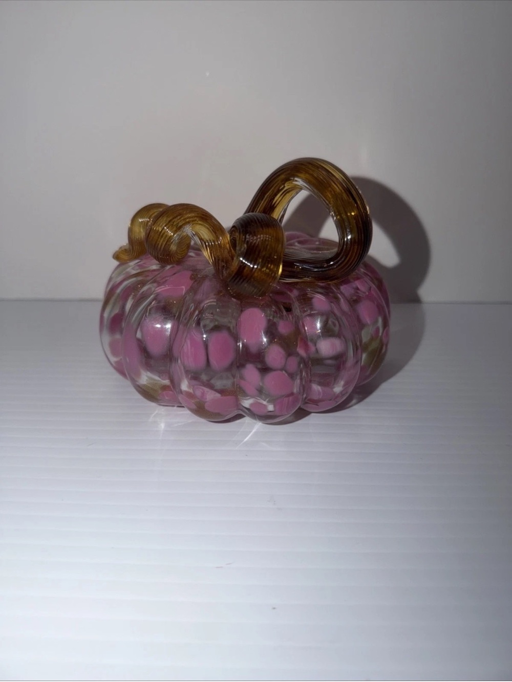 Pink Speckled Art Glass Pumpkin Pink Brown With Glittery Accents 5” Wide/4” Tall